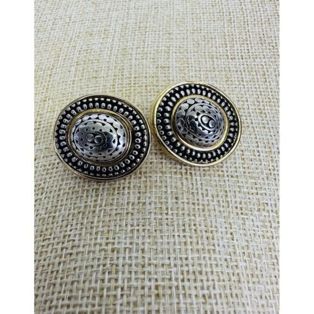 Vintage Silver & Gold Tone Oval Textured Shield Chunky Clip-on‎ Earrings 90's